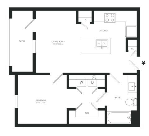 Floor plan for 1 bed, 1 bath, 656 sqft